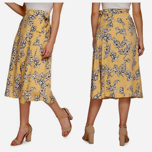 NWT Dex Floral Midi A-Line Wrap Skirt Tie-Waist Butter Yellow Women's Size S - Picture 1 of 11